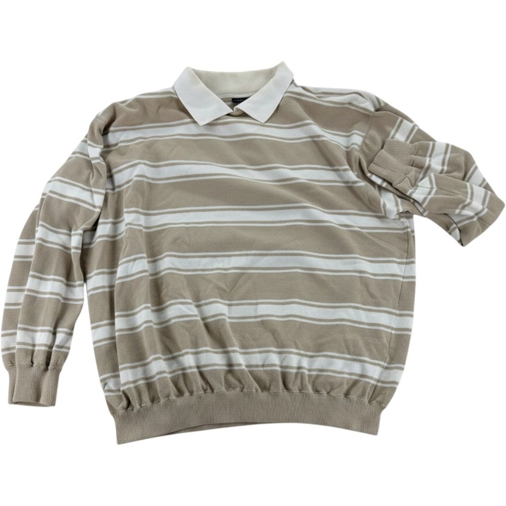 Lizwear Polo Sweater Mens Medium Tan White Striped Long Sleeve Cotton Knit